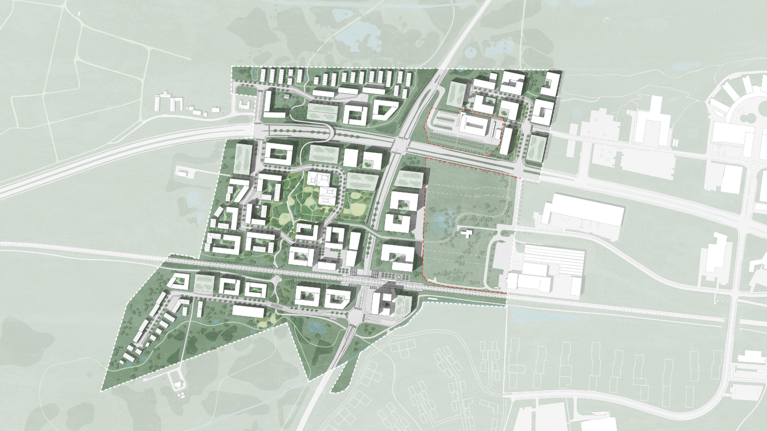 Helhedsplanen for Kildedal By visualiserer en sammenhængende grøn bydel, hvor der bygges tæt i centrum i det stationsnære område, og hvor bebyggelsen nedtrappes i periferien for at skabe et naturligt møde mellem natur og by. 
Illustration: Helhedsplan for Kildedal By